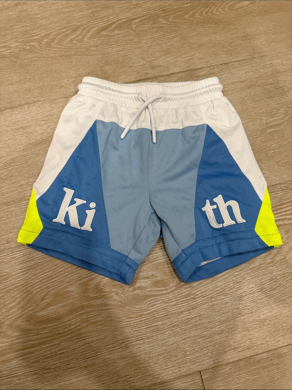 Kith Light Blue, Royal Blue & White Mesh Shorts with Neon Yellow Panels